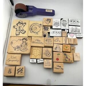 Lot of Wood Mounted Rubber Stamps Craft Scrapbooking Card Making & Roller
